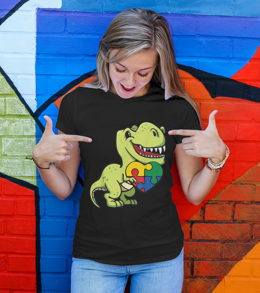 Autism Awareness Dinosaur T-Rex With Puzzle Piece Heart T-Shirt