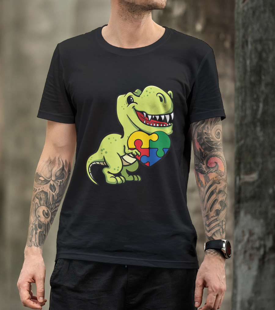 Autism Awareness Dinosaur T-Rex With Puzzle Piece Heart T-Shirt