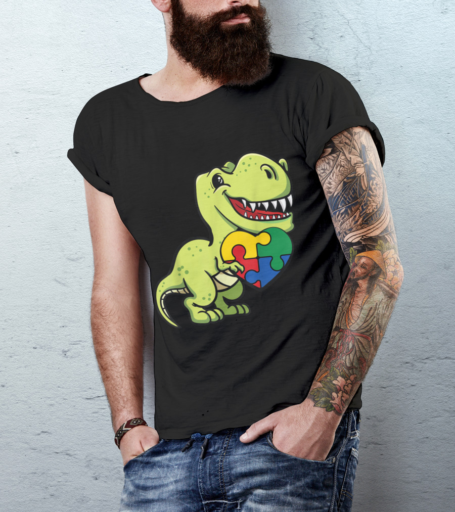 Autism Awareness Dinosaur T-Rex With Puzzle Piece Heart T-Shirt
