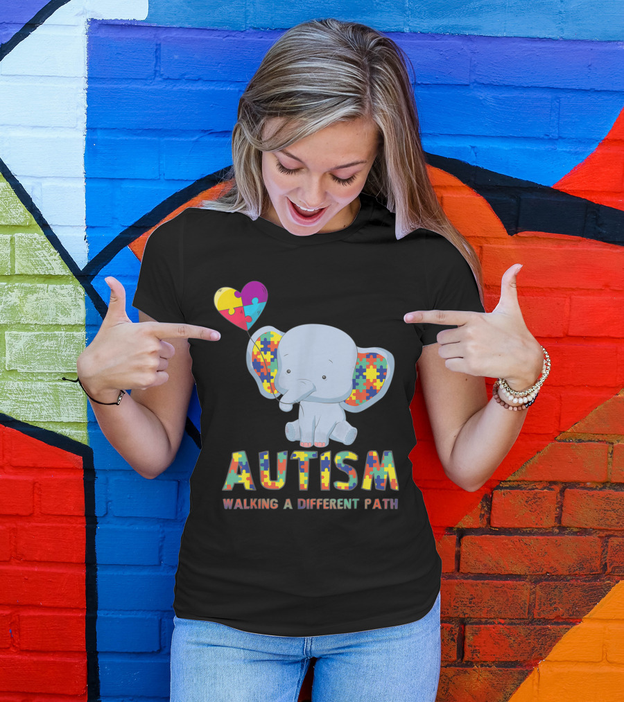 Autism Elephant Holding Puzzle Heart Walking A Different Path T-Shirt