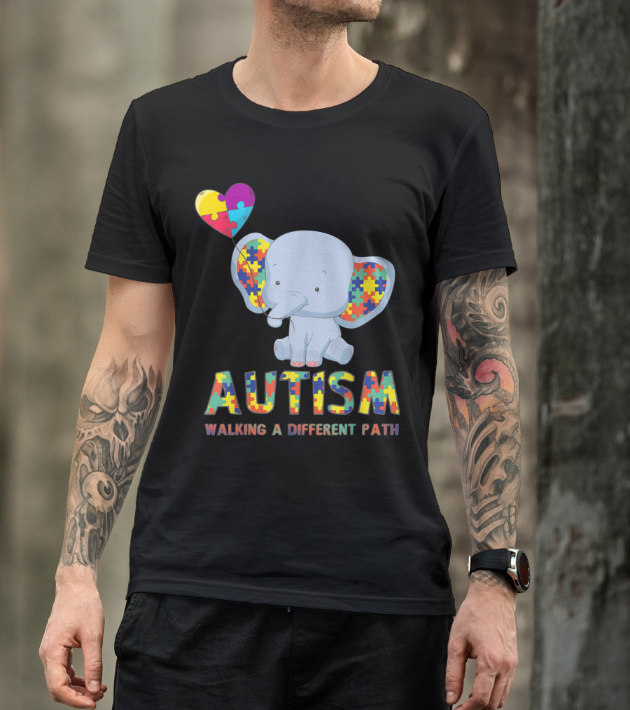 Autism Elephant Holding Puzzle Heart Walking A Different Path T-Shirt