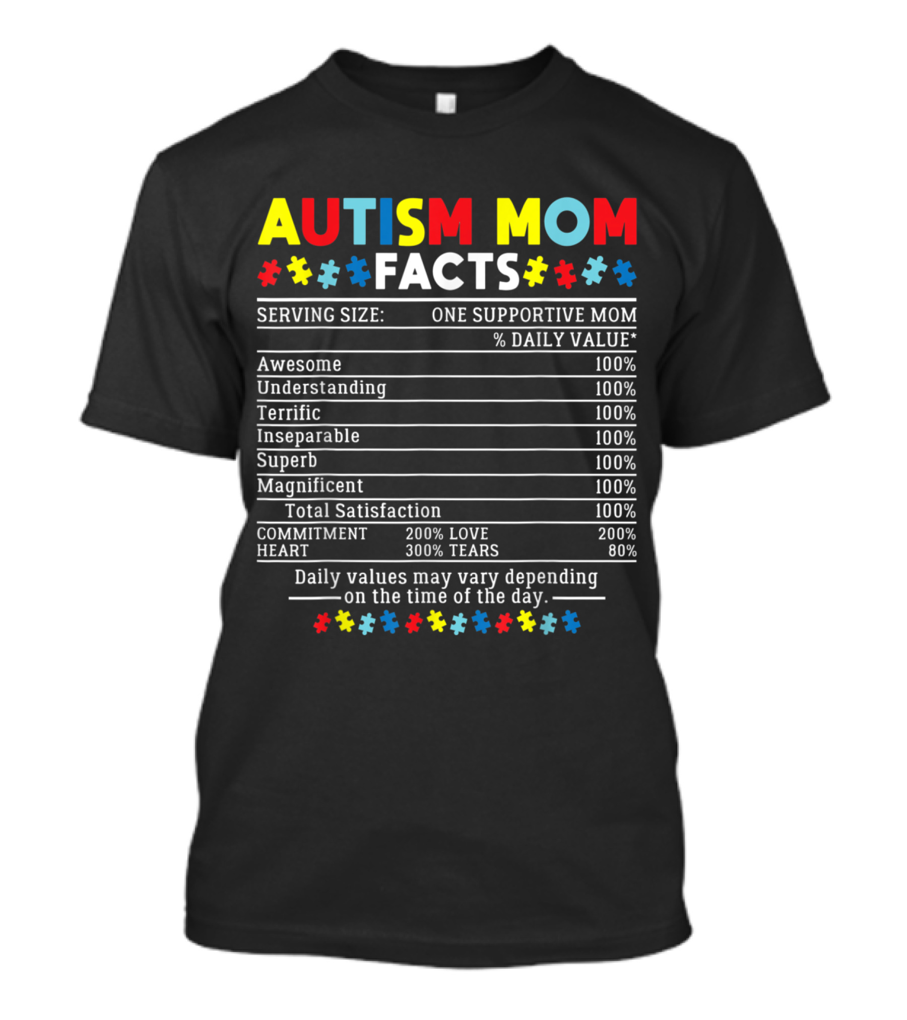 Autism Mom Facts One Supportive Mom Awesome Understanding Terrific Inseparable Superb Magnificent Total Satisfaction Commitment Heart Awareness T-Shirt
