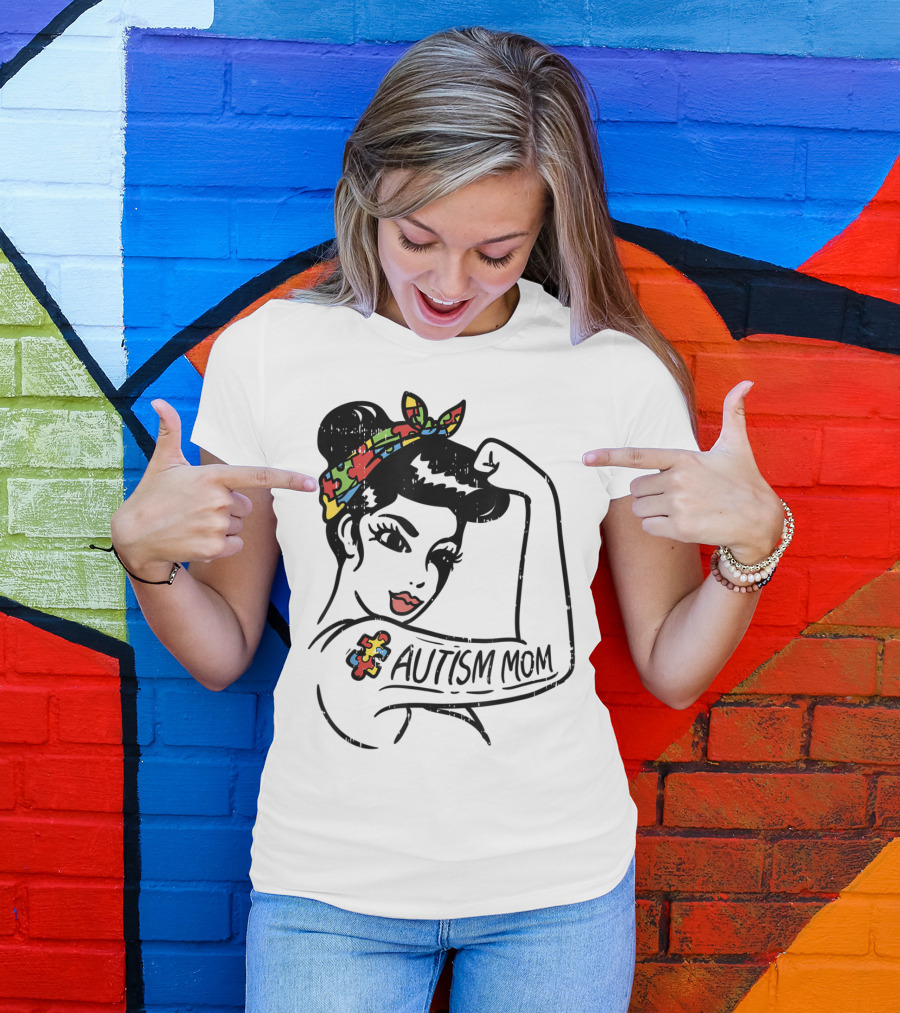 Autism Mom Unbreakable Awareness Puzzle Ribbon Tattoo Rosie The Riveter T-Shirt