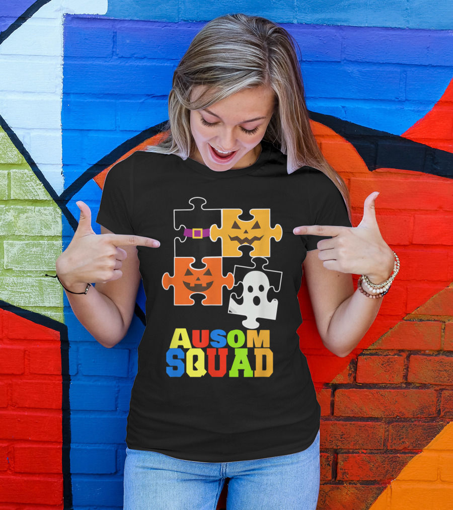 Ausome Squad Puzzle Ghost Pumpkin Halloween Group Matching Teacher T-Shirt