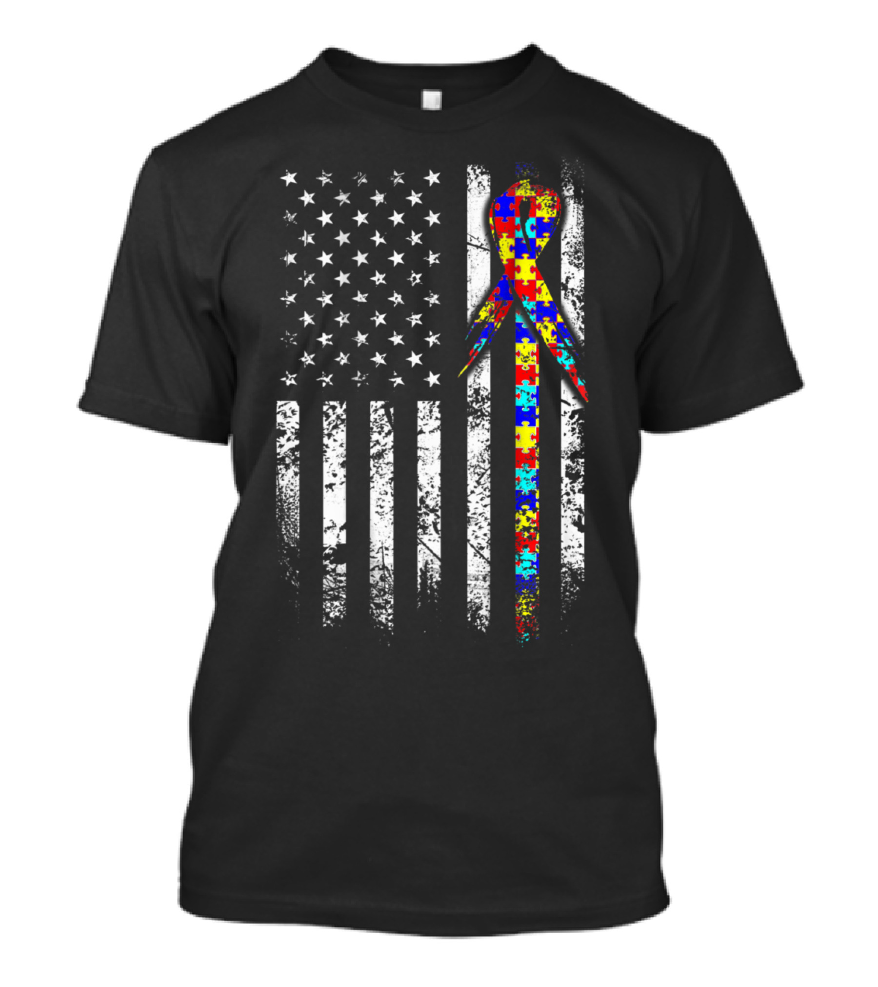 USA Flag Puzzle Ribbon Autism Awareness Back Print T-Shirt