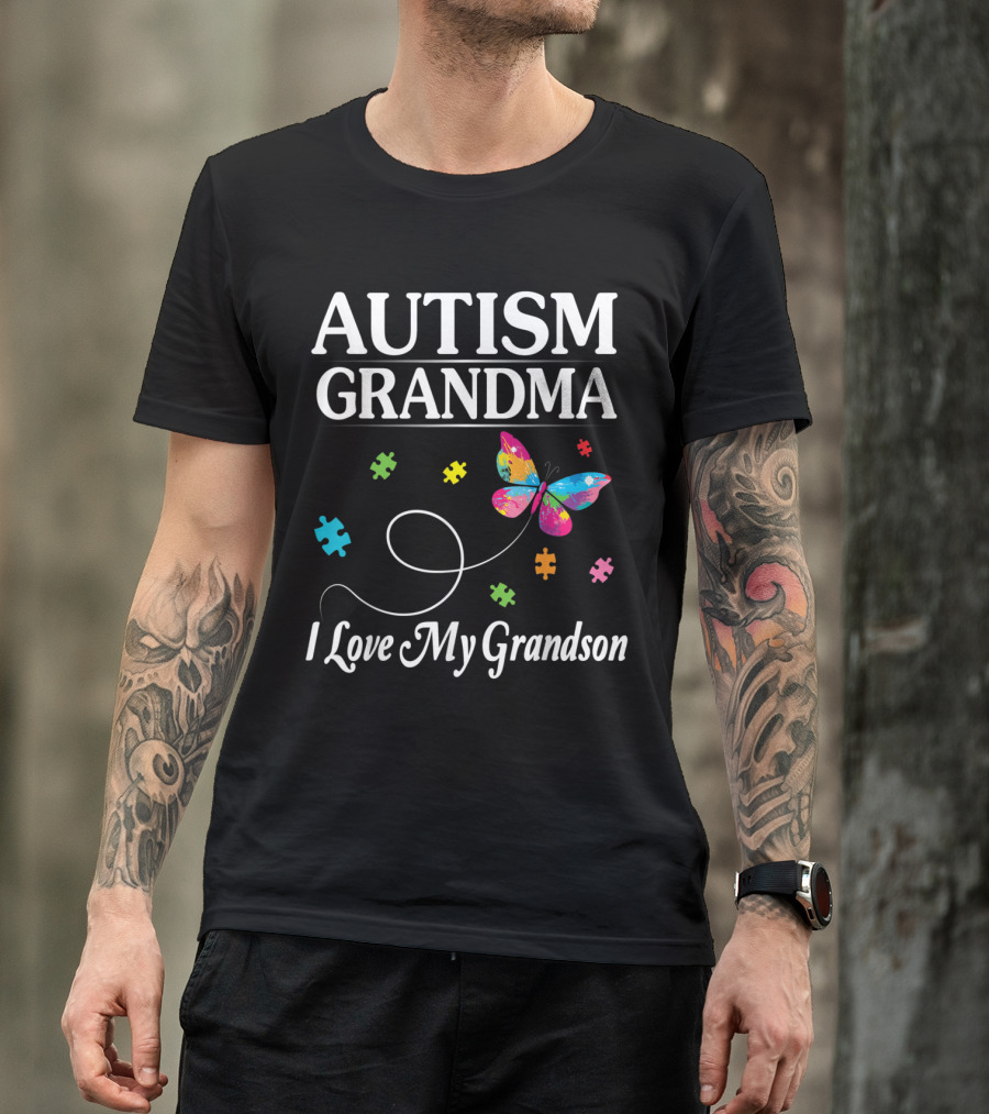 Autism Grandma Butterfly Puzzle Pieces I Love My Grandson Awareness T-Shirt