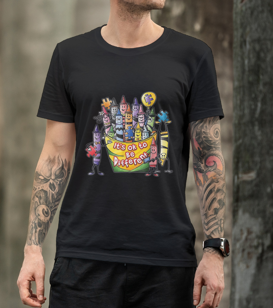 It's Ok To Be Different Crayons Autism Awareness Puzzle Pieces T-Shirt