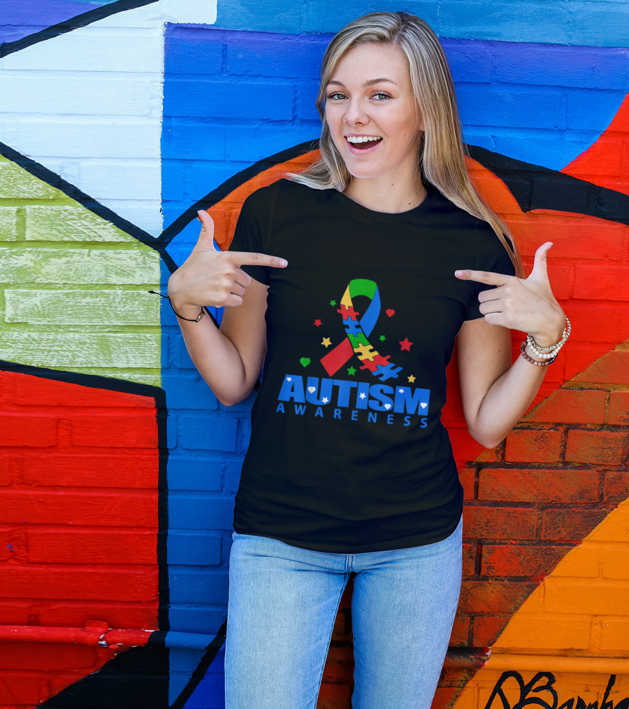 Autism Awareness Ribbon With Stars And Puzzle Pieces T-Shirt