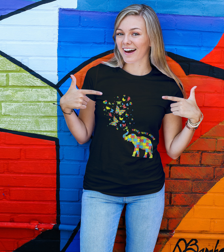Never Walk Alone Elephant Butterflies Autism Awareness T-Shirt
