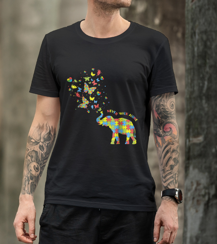 Never Walk Alone Elephant Butterflies Autism Awareness T-Shirt