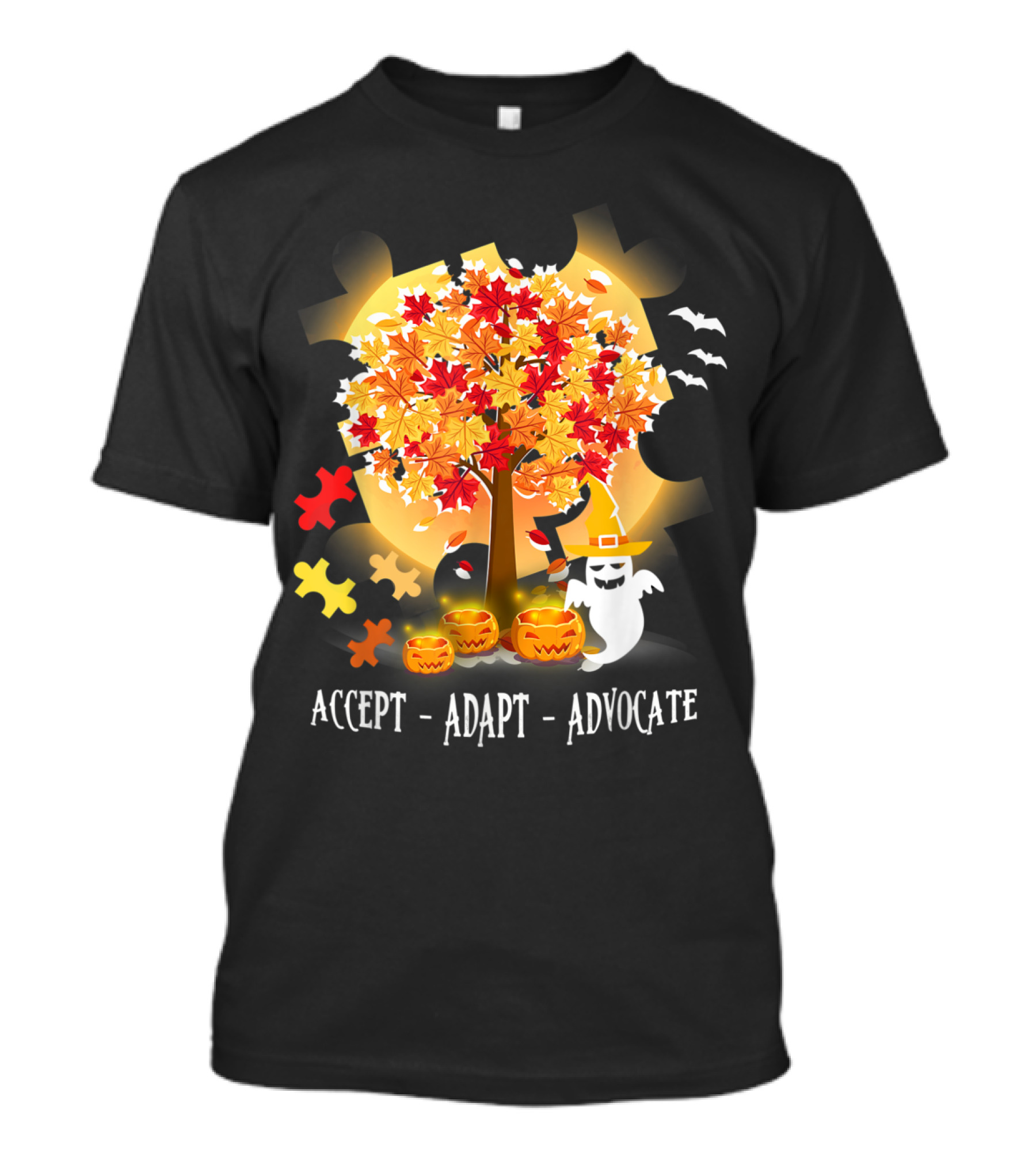 Halloween Autism Awareness Accept Adapt Advocate Autumn Leaves Puzzle Pieces Ghost Pumpkins Bats T-Shirt