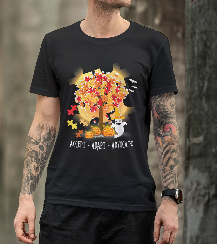 Halloween Autism Awareness Accept Adapt Advocate Autumn Leaves Puzzle Pieces Ghost Pumpkins Bats T-Shirt