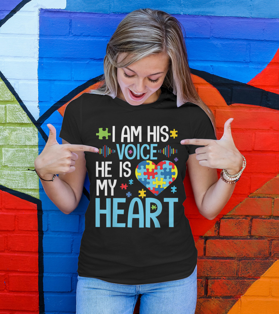 I Am His Voice He Is My Heart Autism Puzzle Heart Awareness T-Shirt