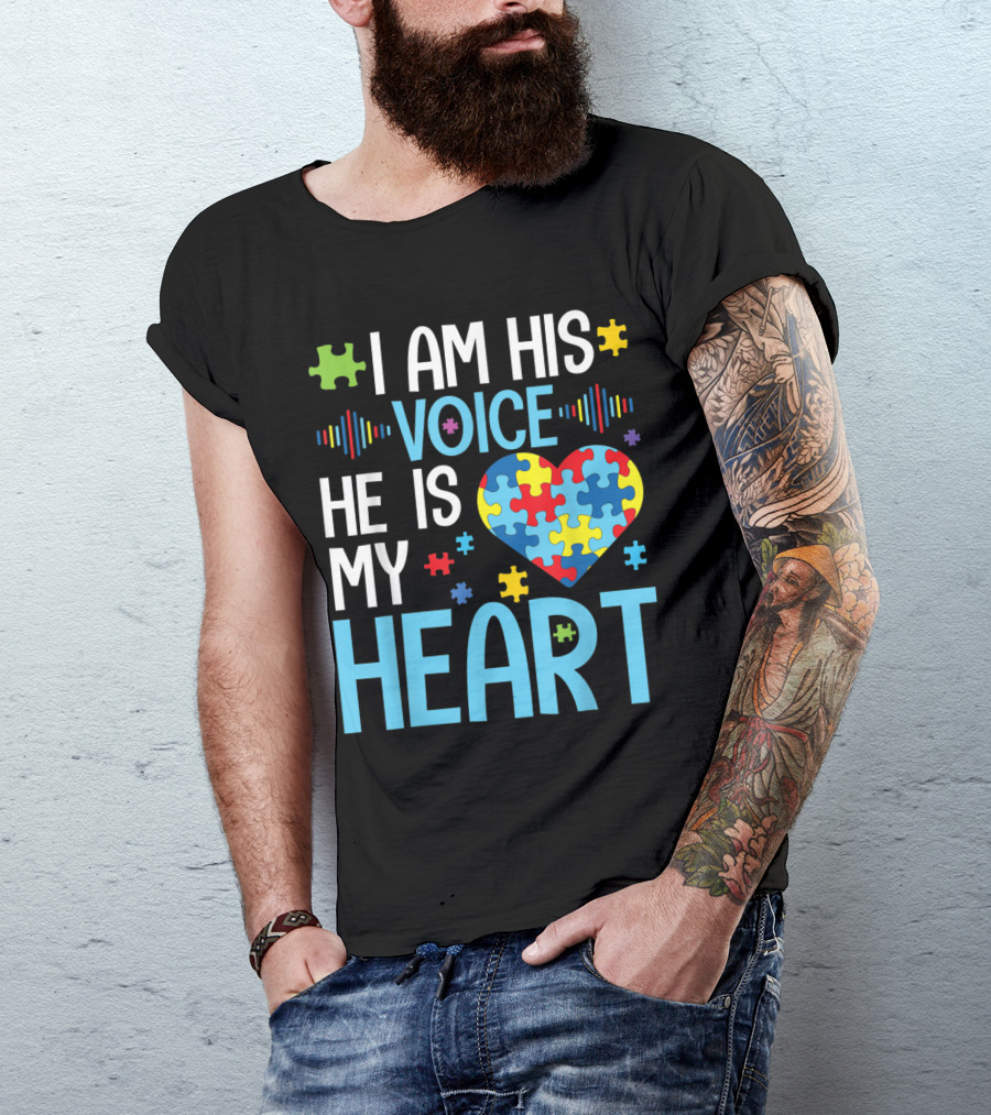 I Am His Voice He Is My Heart Autism Puzzle Heart Awareness T-Shirt