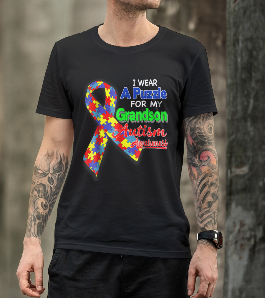 I Wear A Puzzle For My Grandson Autism Awareness T-Shirt