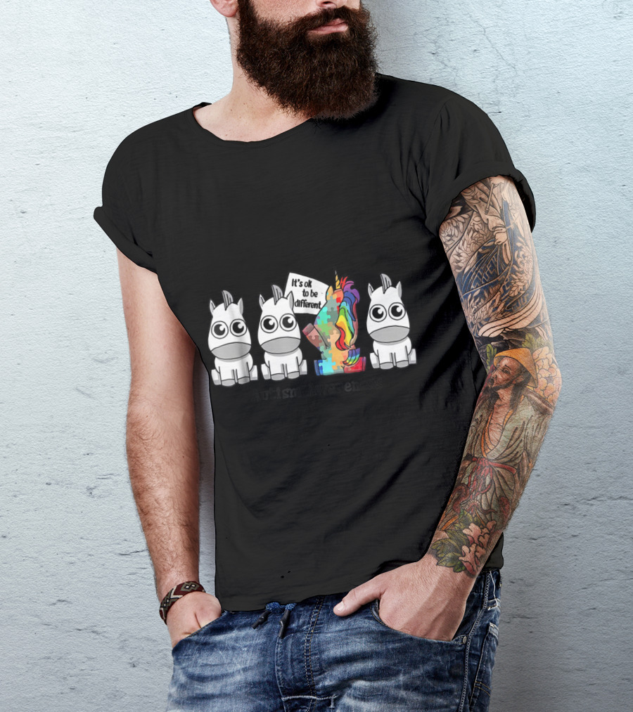 It's Ok To Be Different Autism Awareness Unicorn Colorful Puzzle Pieces T-Shirt