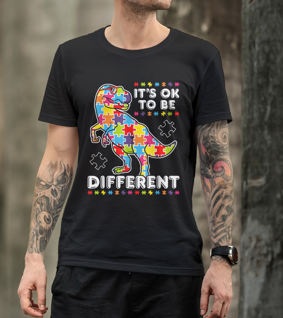 It's OK To Be Different Autism Awareness Dinosaur Puzzle T-Shirt