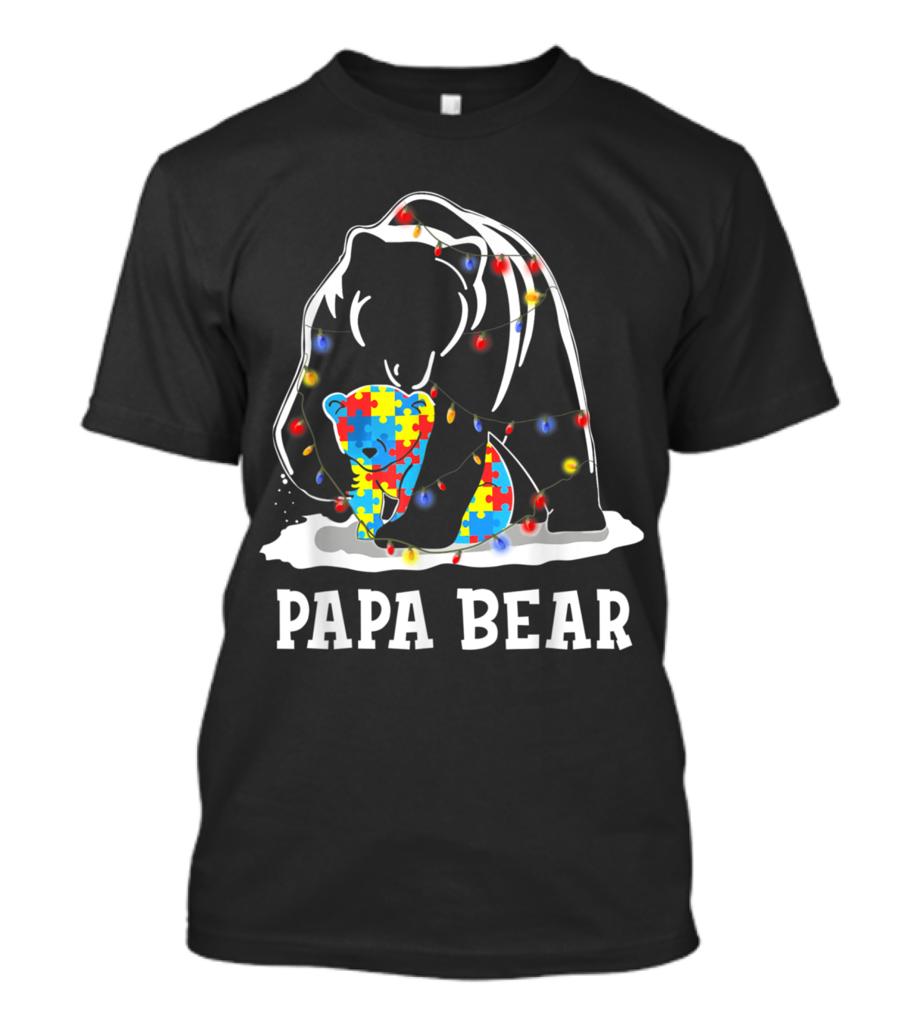 Papa Bear Autism Awareness Puzzle Lights Dad T-Shirt