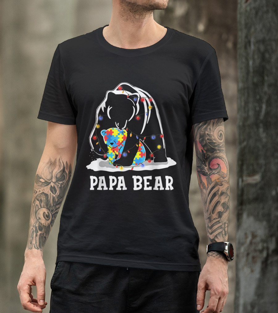 Papa Bear Autism Awareness Puzzle Lights Dad T-Shirt