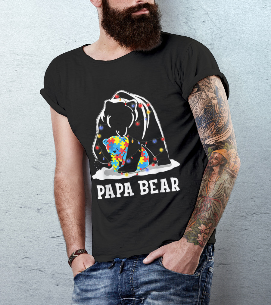 Papa Bear Autism Awareness Puzzle Lights Dad T-Shirt