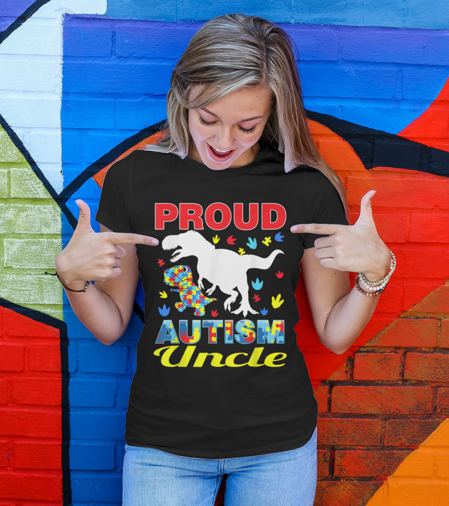Proud Autism Uncle Dinosaur Rex Puzzle Pieces Awareness T-Shirt