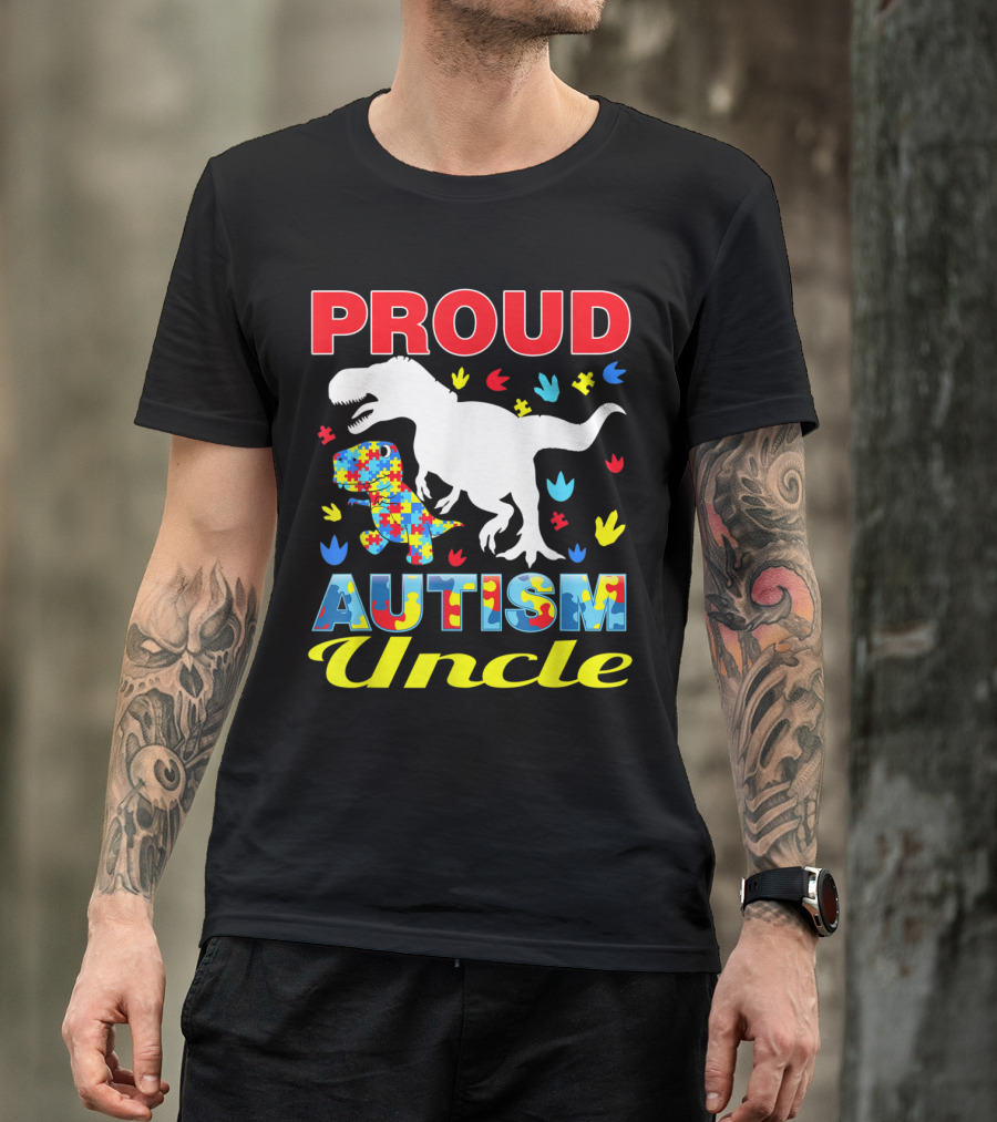 Proud Autism Uncle Dinosaur Rex Puzzle Pieces Awareness T-Shirt