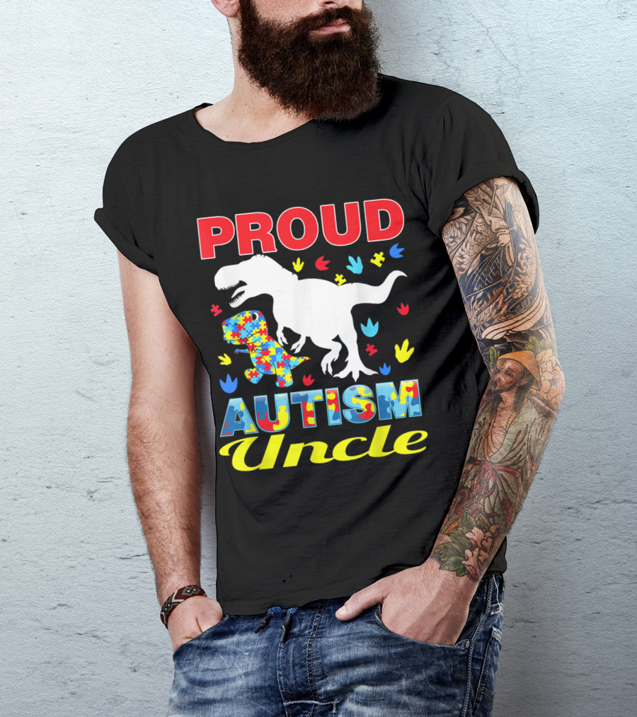 Proud Autism Uncle Dinosaur Rex Puzzle Pieces Awareness T-Shirt