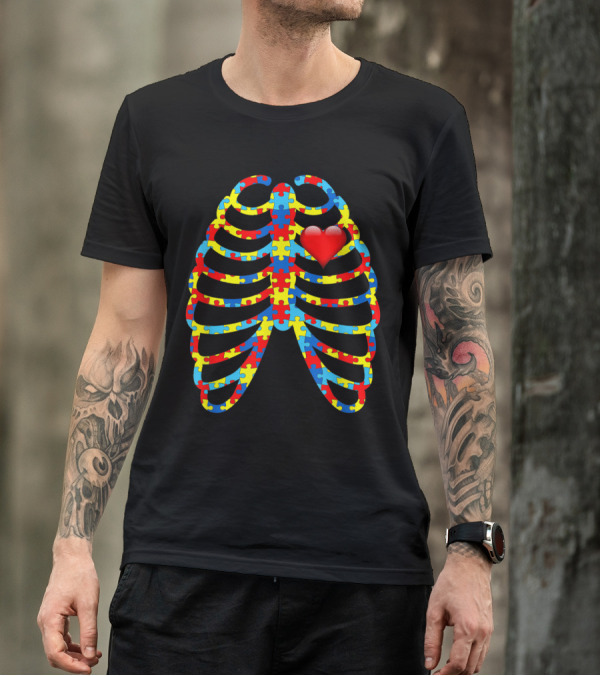 Skeleton Autism Awareness Puzzle Heart Rib Cage T-Shirt