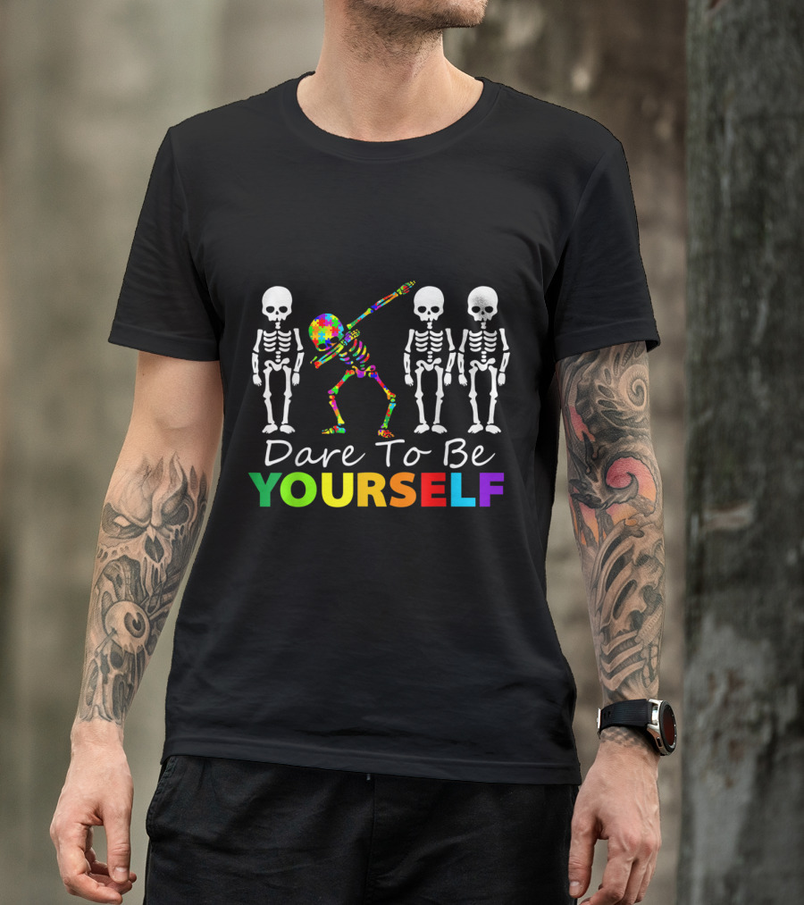 Dare To Be Yourself Skeleton Dabbing Autism Puzzle T-Shirt