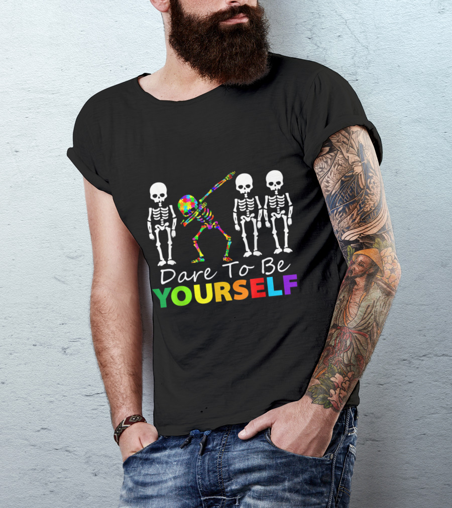 Dare To Be Yourself Skeleton Dabbing Autism Puzzle T-Shirt