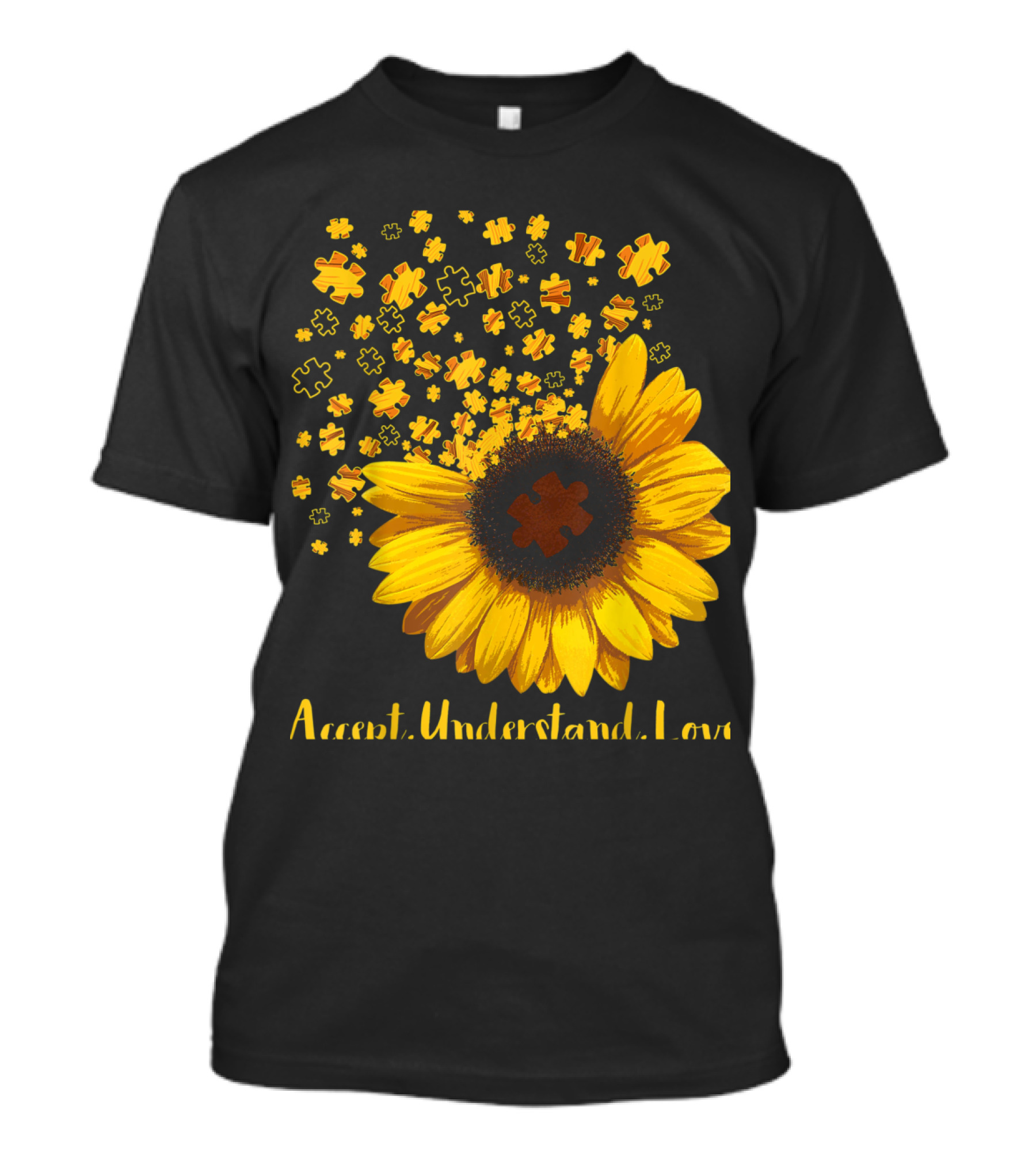 Sunflower Accept Understand Love Autism Awareness Puzzle Pieces T-Shirt