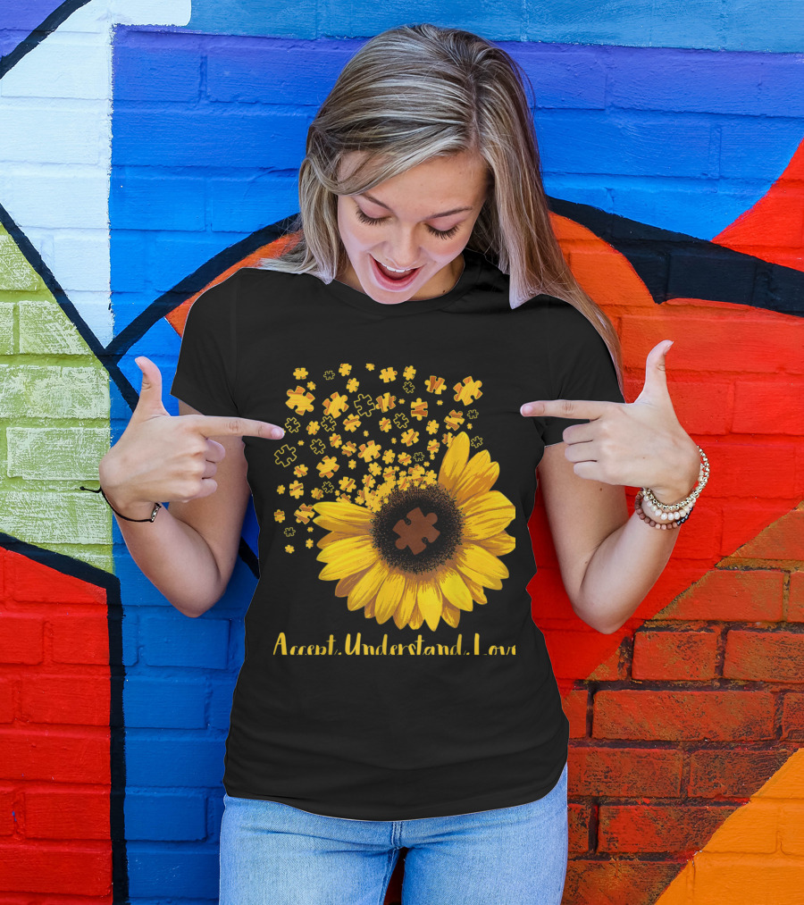 Sunflower Accept Understand Love Autism Awareness Puzzle Pieces T-Shirt