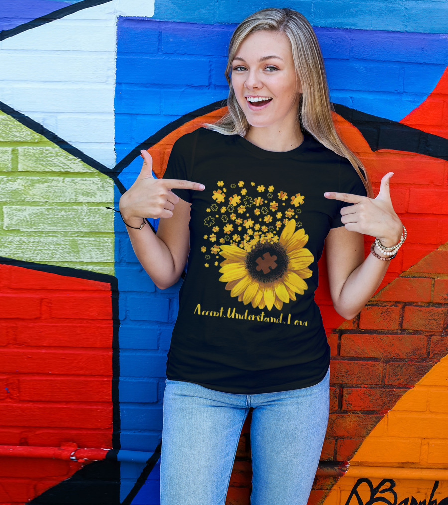Sunflower Accept Understand Love Autism Awareness Puzzle Pieces T-Shirt