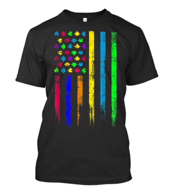 Puzzle Pieces USA Flag Stripes Autism Awareness T-Shirt