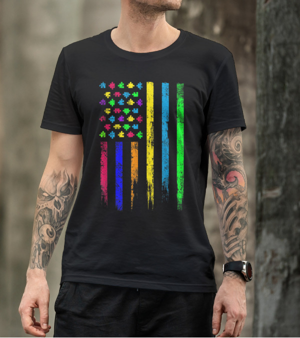 Puzzle Pieces USA Flag Stripes Autism Awareness T-Shirt