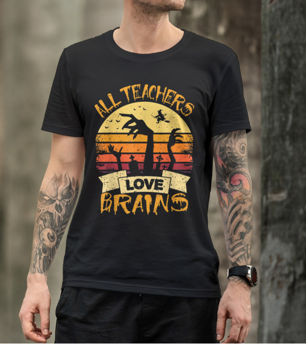 Funny All Teachers Love Brains Zombie Witch Graveyard Retro Sunset T-Shirt