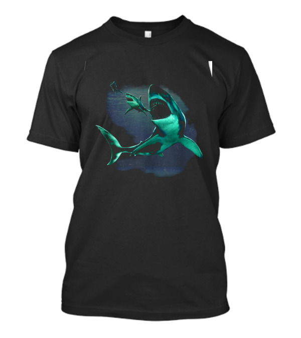 Scuba Diver Swimming With Photo Realistic Great White Shark And Megalodon T-Shirt