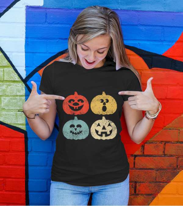 Vintage Halloween Pumpkin Faces Retro Colorful Quartet T-Shirt