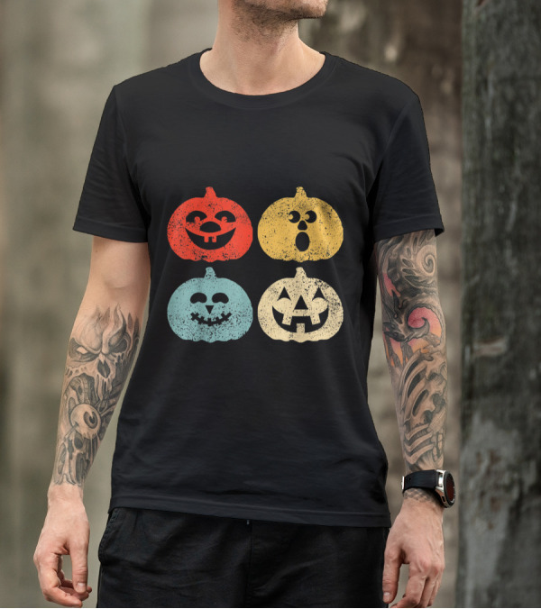 Vintage Halloween Pumpkin Faces Retro Colorful Quartet T-Shirt