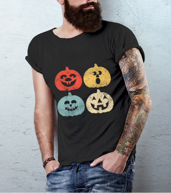 Vintage Halloween Pumpkin Faces Retro Colorful Quartet T-Shirt