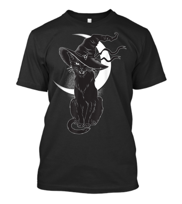 Vintage Halloween Black Cat With Witch Hat And Crescent Moon T-Shirt