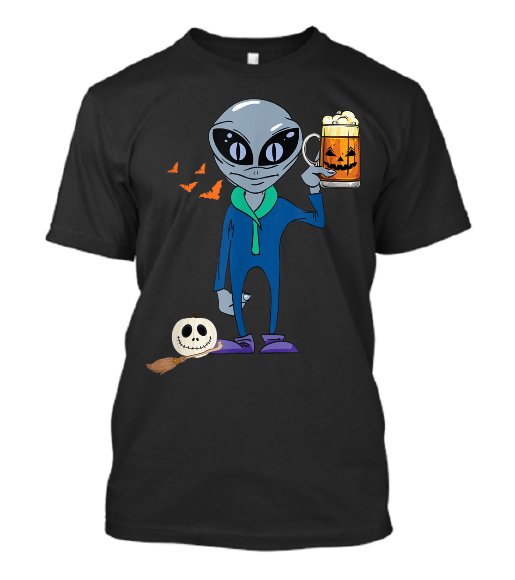 Halloween Alien Beer Lover Costume With Pumpkin And Bats T-Shirt