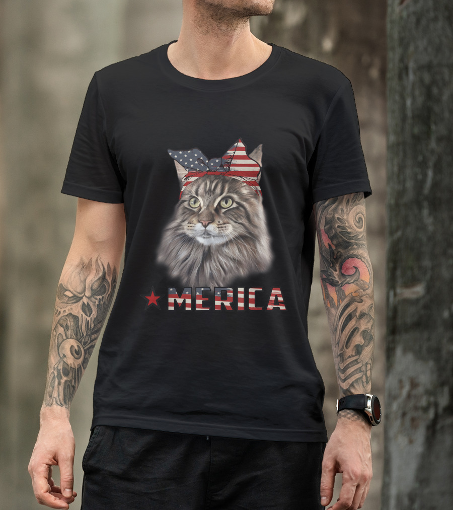 'Merica Star And Stripes Maine Coon Cat 4th Of July T-Shirt