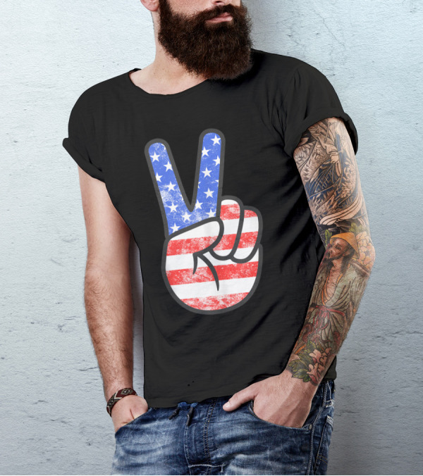 American Flag Peace Sign Hand Patriotic Fourth Of July T-Shirt