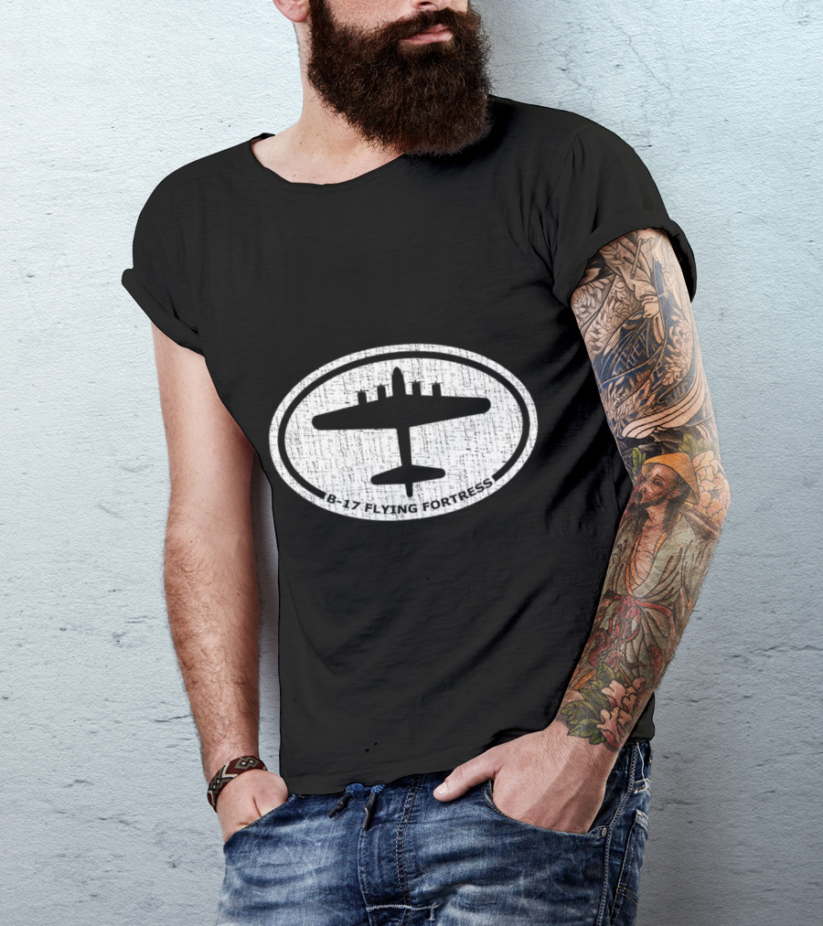 B-17 Flying Fortress WW2 Bomber Airplane Silhouette Oval Emblem T-Shirt