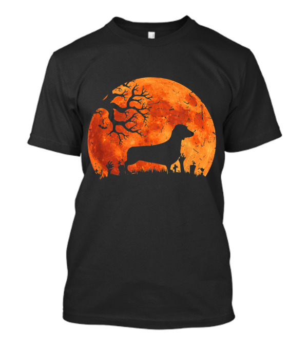 Halloween Weenie Dog Silhouette With Spooky Full Moon Background T-Shirt
