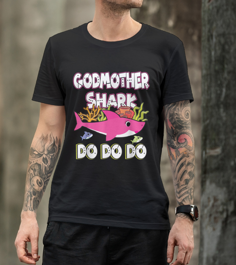 Godmother Shark Doo Doo Doo Pink Shark With Sea Creatures T-Shirt