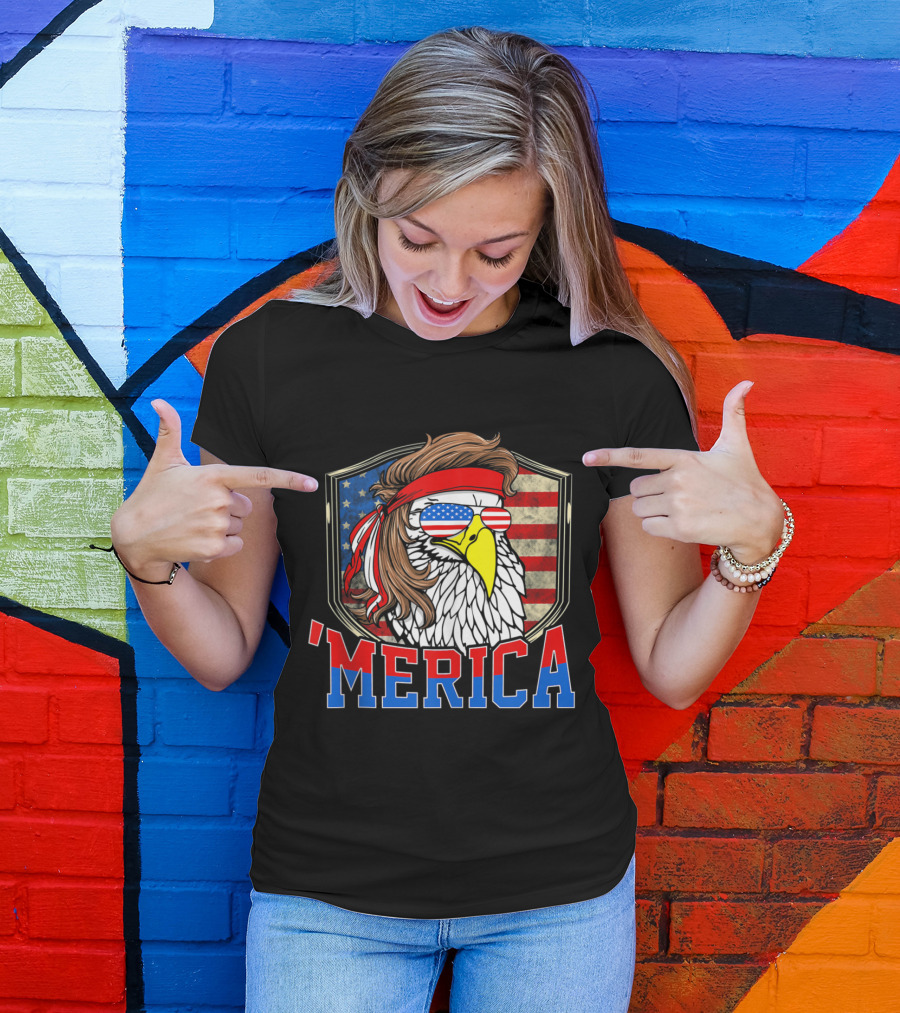 'MERICA 4th Of July Bald Eagle Mullet American Flag Sunglasses T-Shirt