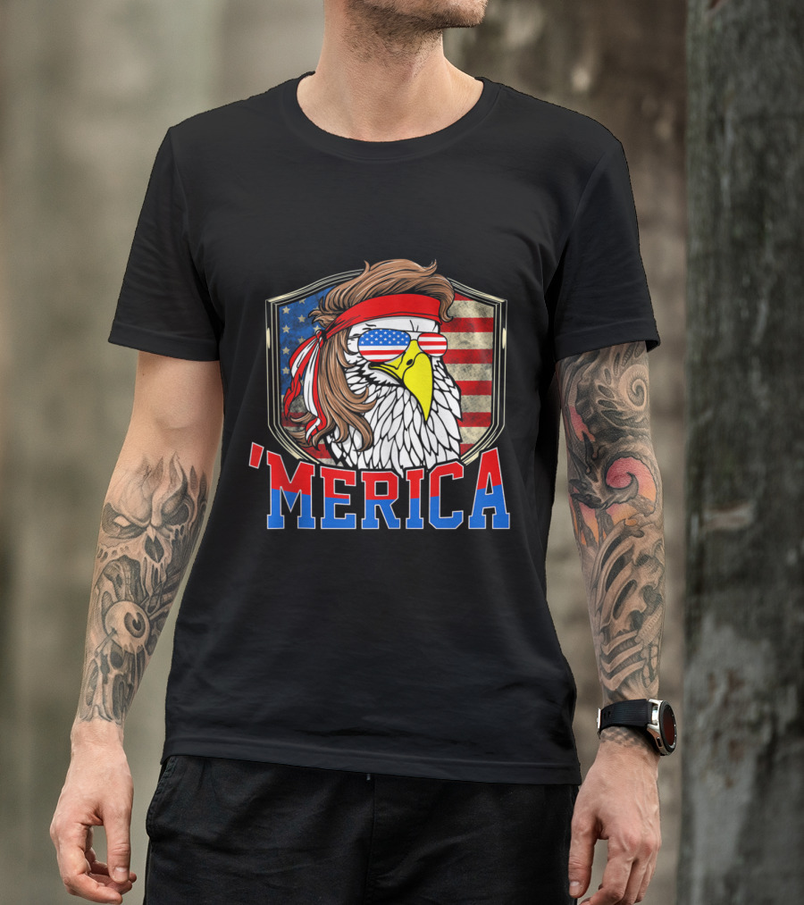 'MERICA 4th Of July Bald Eagle Mullet American Flag Sunglasses T-Shirt