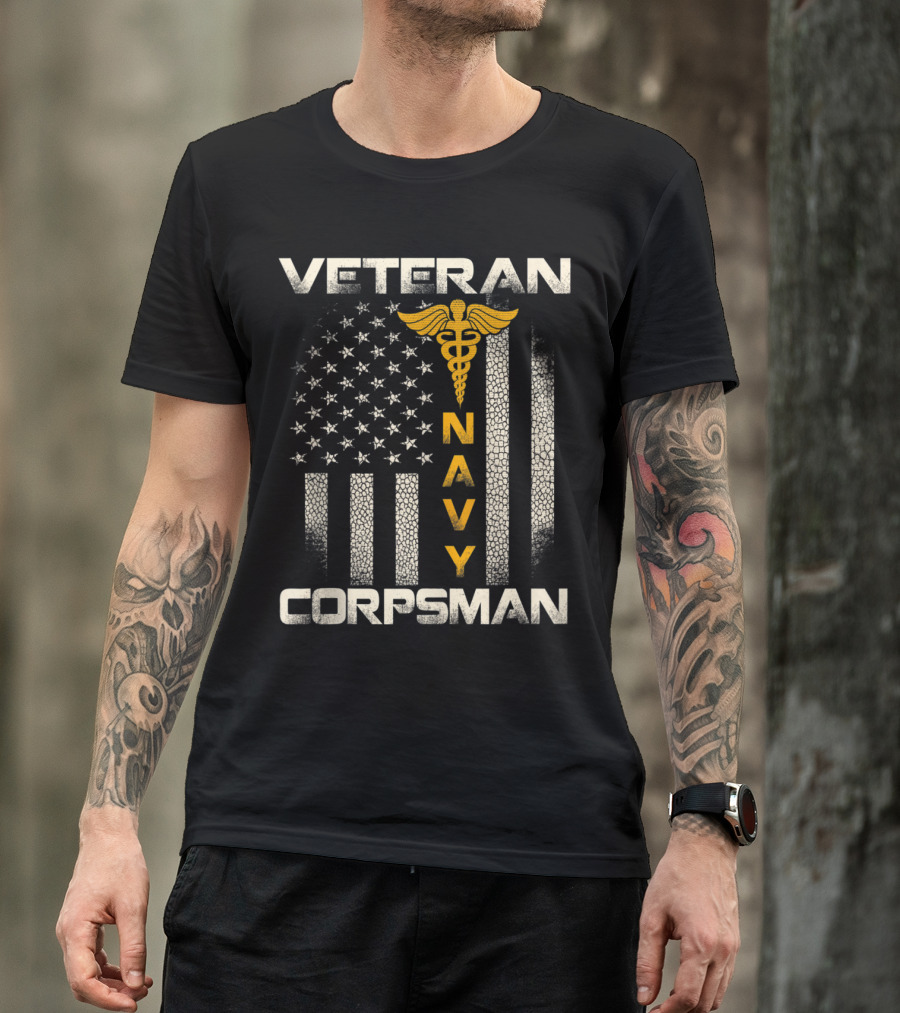 Veteran Navy Corpsman American Flag Caduceus Emblem T-Shirt